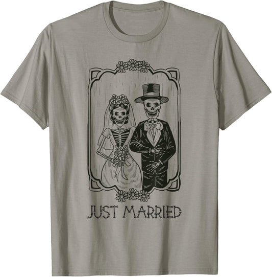 Halloween Skeletons Bride and Groom Just Married Funny T-Shirt