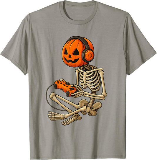 Halloween Skeleton Gamer Pumpkin Video Game Spooky Season T-Shirt