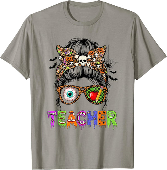 Halloween Teacher Messy Bun Glasses Spooky School Vibes T-Shirt