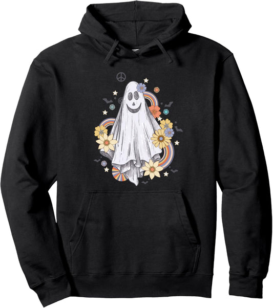 Groovy Vintage Floral Ghost Hippie Halloween Spooky Season Pullover Hoodie