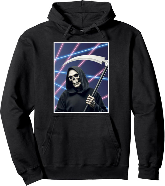 Grim Reaper 80s 90s School Photo Laser Background Halloween Pullover Hoodie