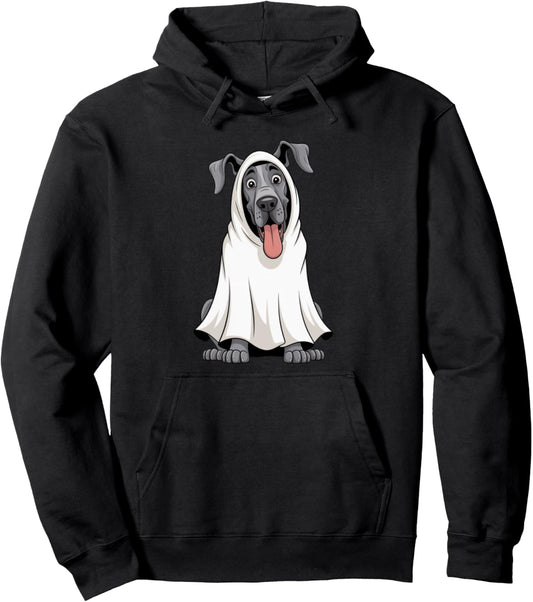 Great Dane Dog Wearing A White Ghost Costume Dog Halloween Pullover Hoodie