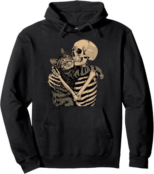 Halloween Skeleton Hugging Cat Mat Hoodie - Unisex Adult, Black, Small