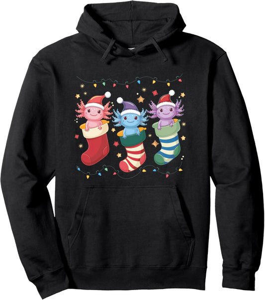 Axolotl Stocking Santa Hat Christmas Kawaii Lights Xmas Pullover Hoodie