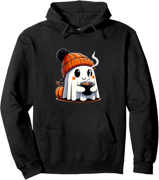 Halloween Cute Kawaii Ghost Drinking Coffee Women Men Kids Pullover Hoodie