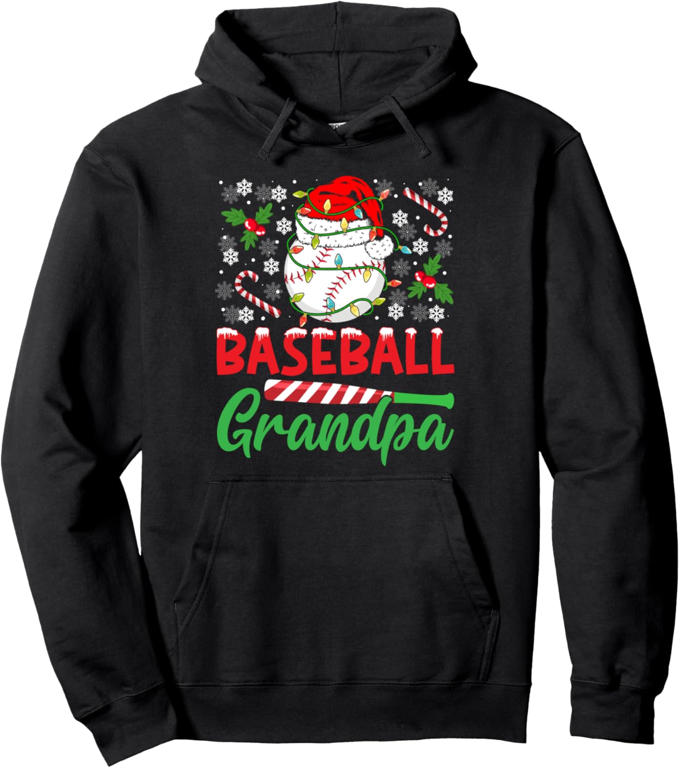 Baseball Grandpa Christmas Santa Hat Lights Snowflakes Xmas Pullover Hoodie