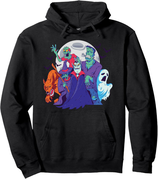 Halloween Dracula Witch Zombie Frankenstein Werewolf & Ghost Pullover Hoodie
