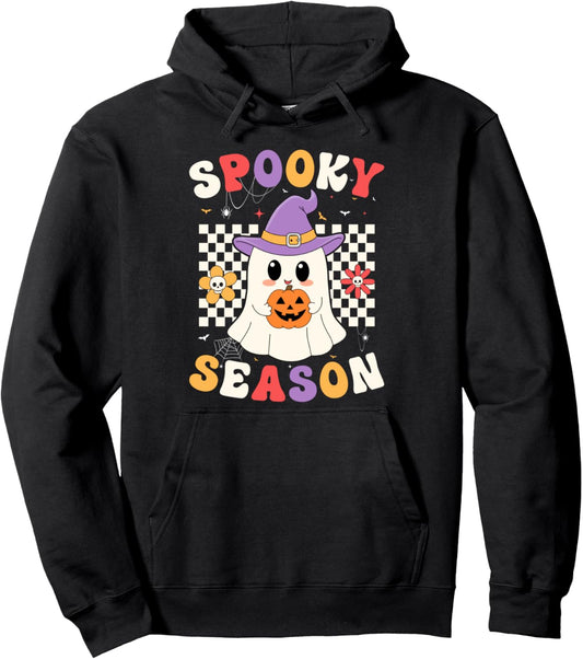 Groovy Spooky Season Witch Ghost Holding A Pumpkin Halloween Pullover Hoodie