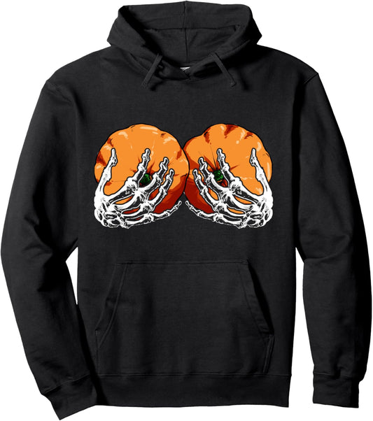 Halloween Pumpkin Boob Womens Skeleton Hand Pullover Hoodie