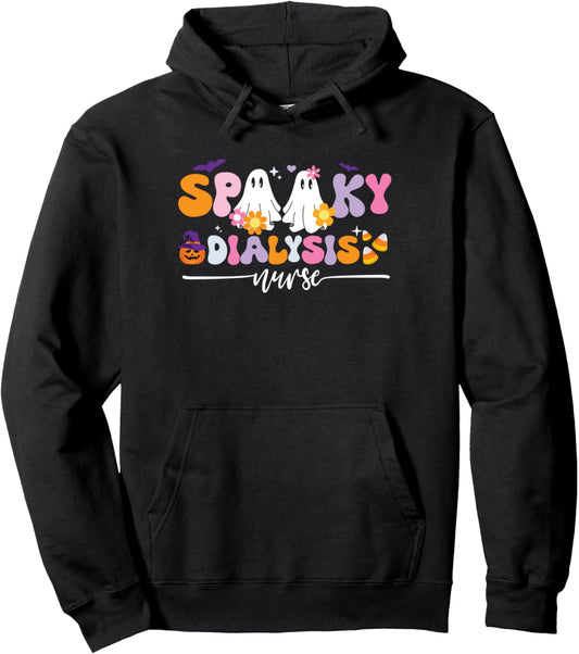 Groovy Spooky Dialysis Nurse Halloween Ghost Witch Floral Pullover Hoodie