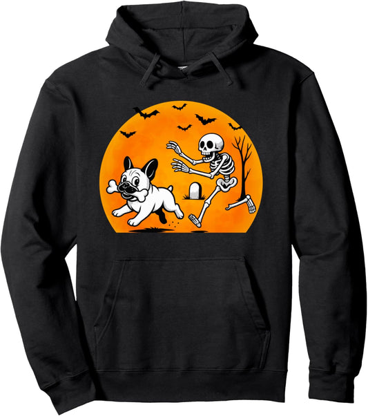 Halloween Skeleton Chasing French Bulldog Pet Lover Dog Mom Pullover Hoodie