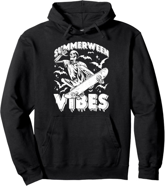 Halloween Summerween Vibes Skeleton Skateboarding Pullover Hoodie