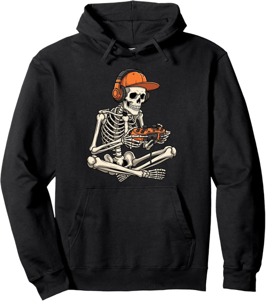 Halloween Skeleton Playing Video Games Gaming Men Boys Kids Pullover Hoodie