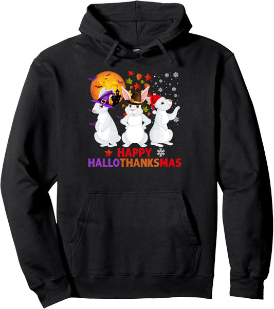 Halloween Thanksgiving Christmas Happy HalloThanksMas Rabbit Pullover Hoodie