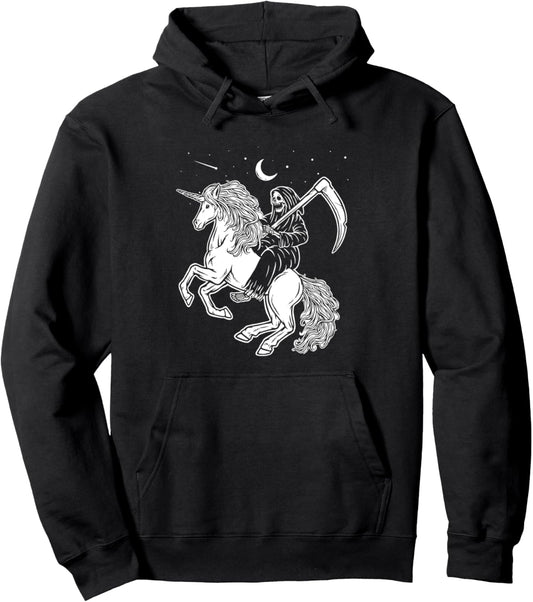 Grim Reaper Ridng Unicorn Lazy Halloween Costume Skeleton Pullover Hoodie