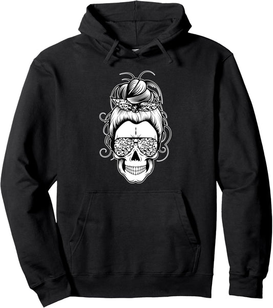 Halloween Shirts for Women Messy Bun Skull Matching Group Pullover Hoodie