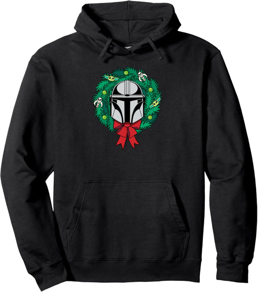 Amazon Essentials The Mandalorian Helmet Holiday Christmas Wreath Pullover Hoodie