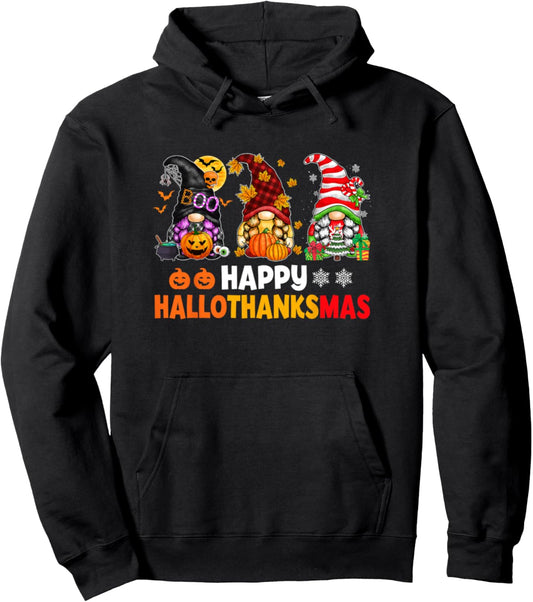 Halloween Thanksgiving Christmas Happy HalloThanksMas Gnomes Pullover Hoodie