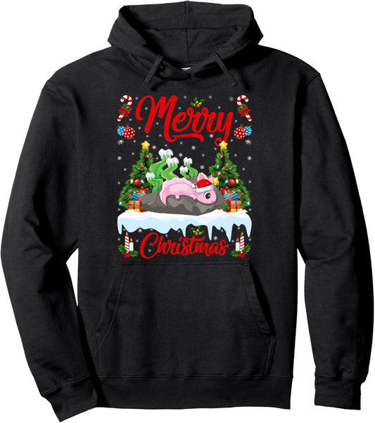Axolotl Merry Christmas Tree Lighting Santa Axolotl Xmas Pullover Hoodie
