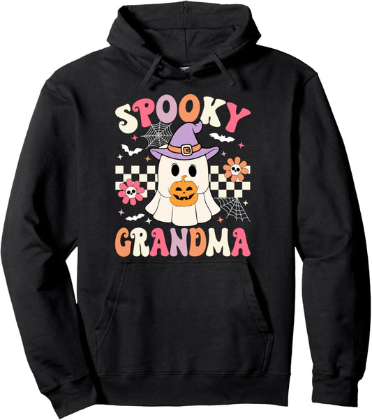 Groovy Spooky Grandma Retro Ghost Holding Pumpkin Halloween Pullover Hoodie