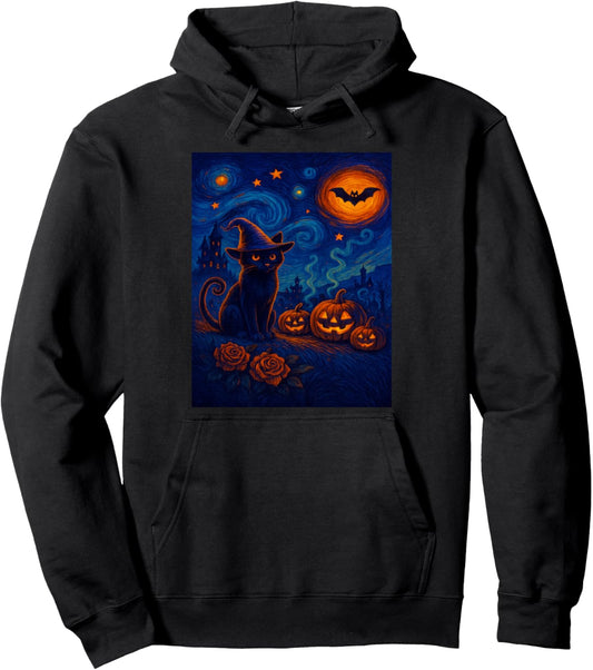 Halloween Black Cat Van Gogh Starry Night Cat Lovers Cat Pullover Hoodie