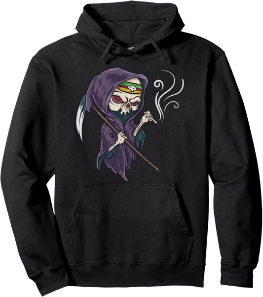 Grim Reefer Grim Reaper Smoking Weed Marijuana THC Halloween Pullover Hoodie