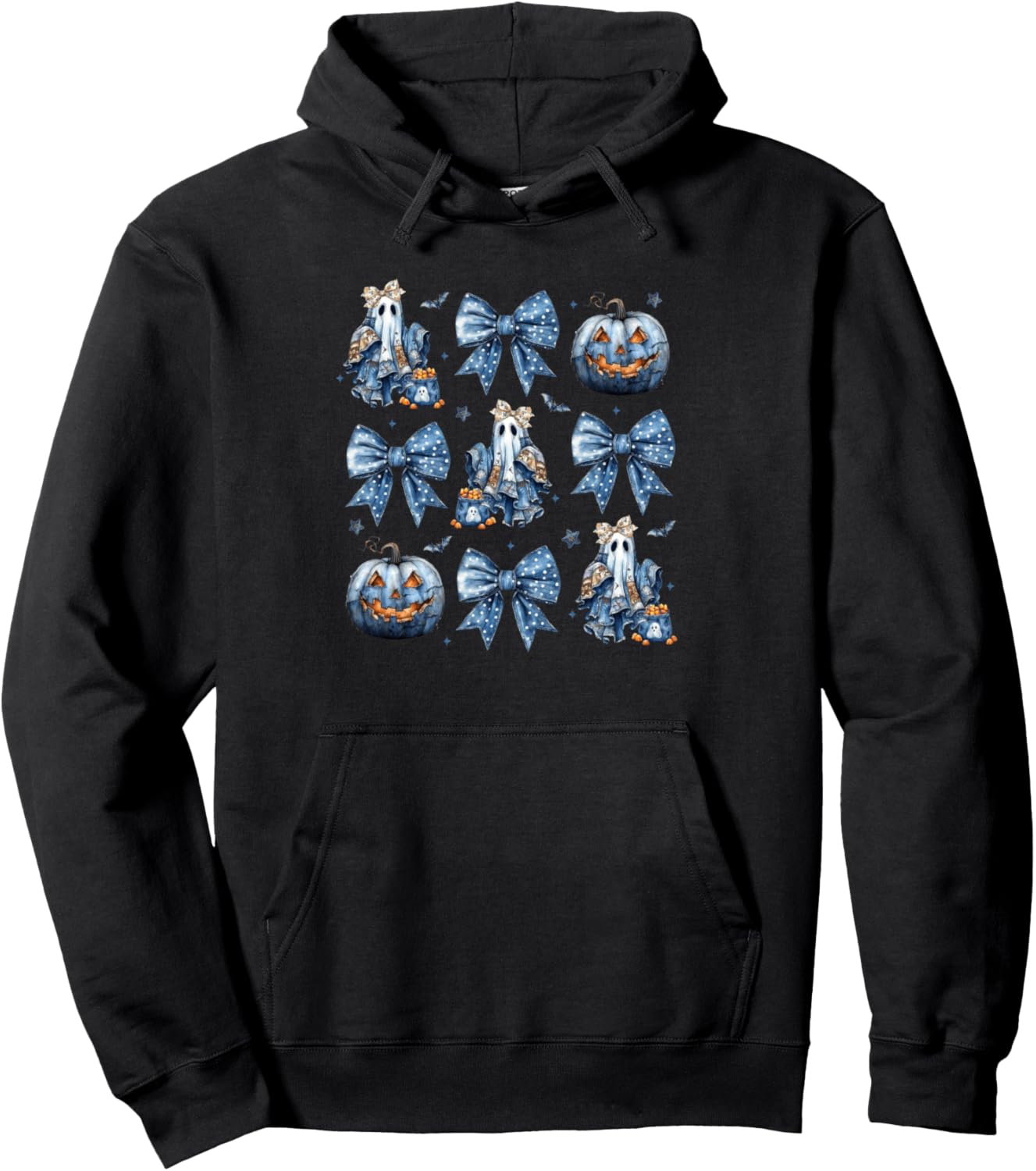 Halloween Denim Ghost Bow Pumpkin Trendy Patchwork Quilter Pullover Hoodie