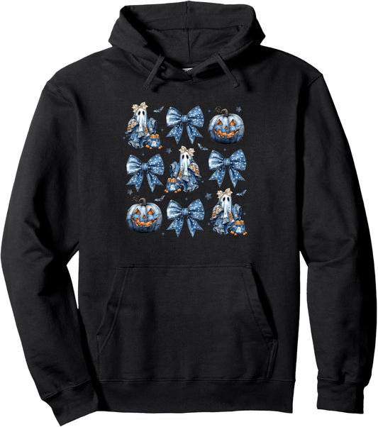 Halloween Denim Ghost Bow Pumpkin Trendy Patchwork Quilter Pullover Hoodie