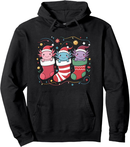 Axolotl Stocking Santa Hat Christmas Kawaii Lights Xmas Pullover Hoodie