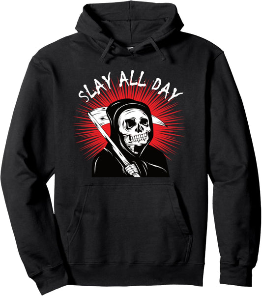 Grim Reaper Funny Halloween Slay All Day Death Metal Skull Pullover Hoodie