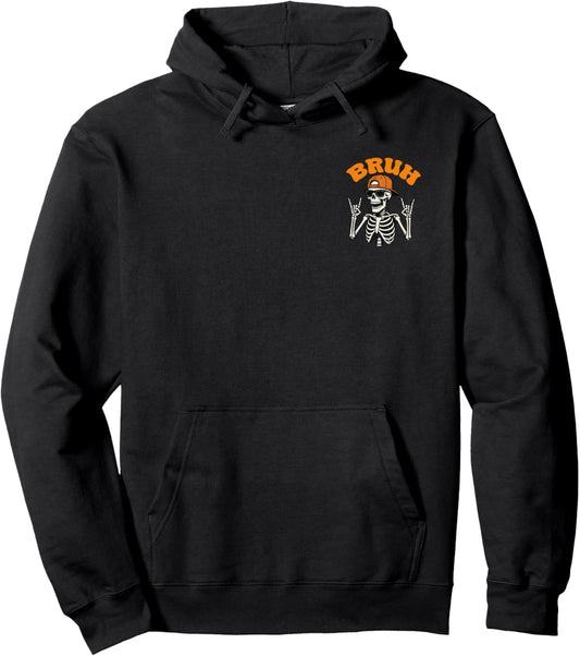 (ON BACK) Bruh Punk Rock Skeleton Cool Rocker Halloween Men Pullover Hoodie