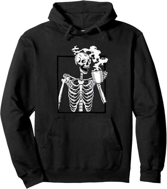 halloween skeleton drinking coffee funny skull Pullover Hoodie