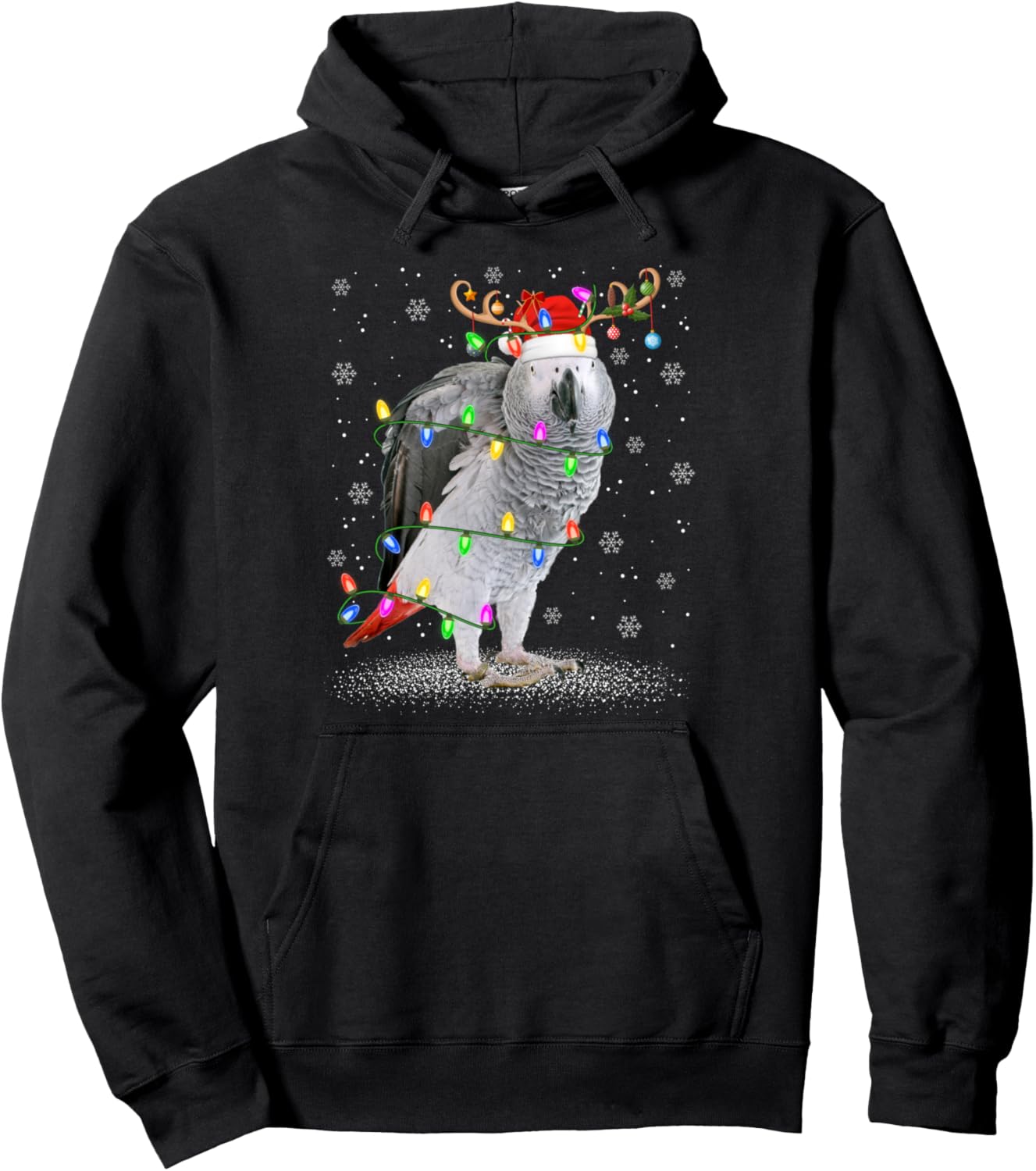 Grey Parrot Bird Christmas Lights Reindeer Santa Hat Xmas Pullover Hoodie