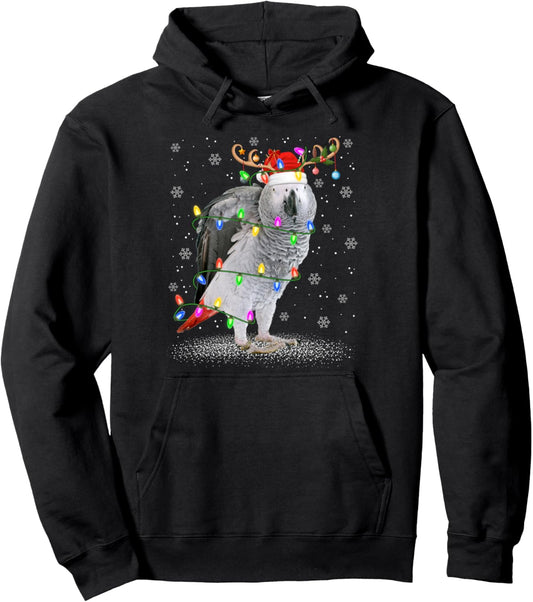 Grey Parrot Bird Christmas Lights Reindeer Santa Hat Xmas Pullover Hoodie