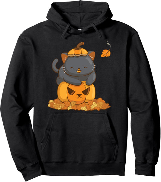 Halloween Black Cat on Pumpkin with Autumn Leaves Kawaii Pullover Hoodie