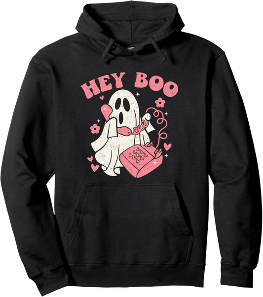 Groovy Hey Boo Cute Ghost Funny Halloween Girls Women Kids Pullover Hoodie