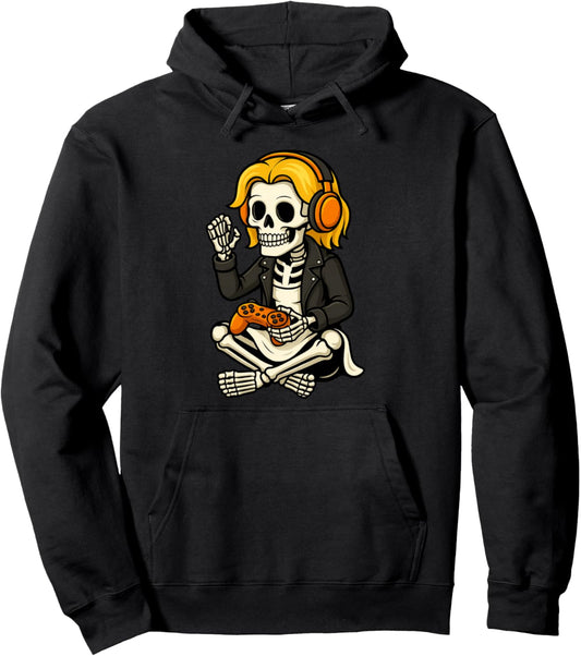 Halloween Skeleton Gamer Video Gaming Funny Skeleton Gaming Pullover Hoodie