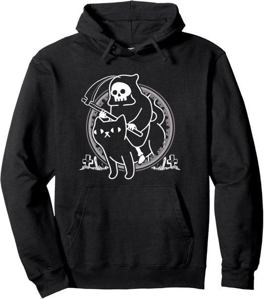 Grim Reaper Scythe Riding Death Cat Paranormal Cemetery Pullover Hoodie