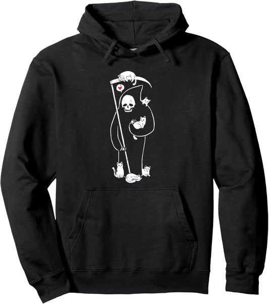 Grim Reaper Cat Halloween Costume Scary Skull Skeleton Pullover Hoodie