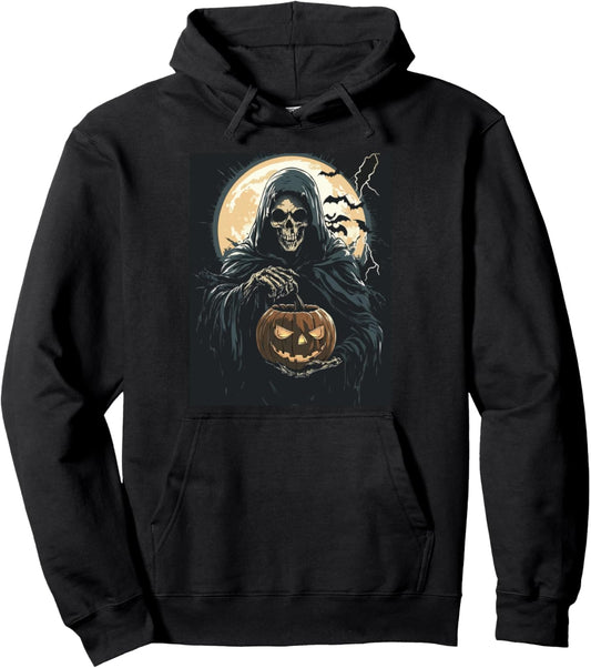 Halloween Spooky Pumpkin Design Scary Grim Reaper Halloween Pullover Hoodie
