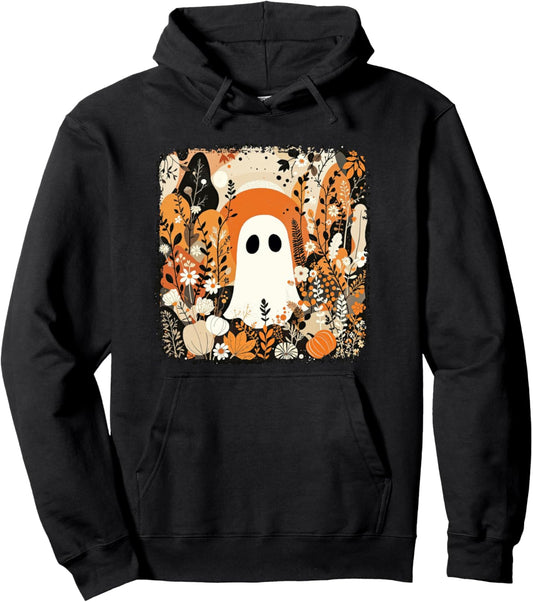Halloween Ghost Spooky Season Retro Boho Floral Pumpkin Pullover Hoodie