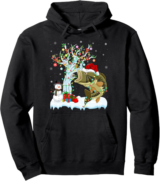 Bass Fish Xmas Lighting Tree Santa Hat Bass Fish Christmas Pullover Hoodie