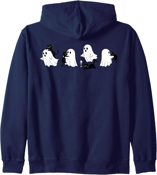 Halloween Black Cat &amp; Ghost Spooky Season Pet Lover Zip Hoodie