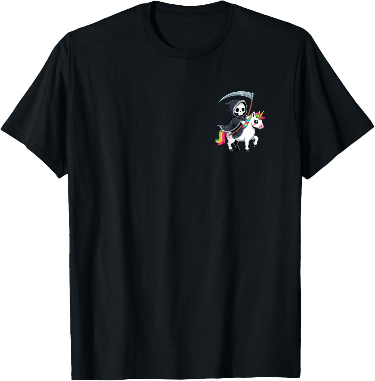 Grim Reaper Riding Unicorn Funny Pocket Rainbow Skeleton Art T-Shirt