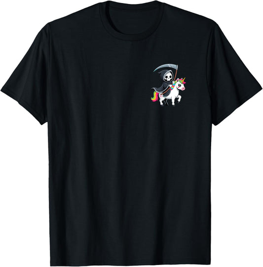 Grim Reaper Riding Unicorn Funny Pocket Rainbow Skeleton Art T-Shirt