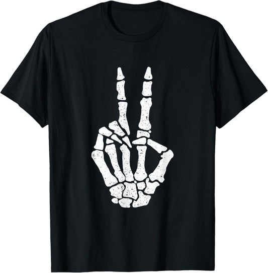 Halloween Skeleton Hand Peace Sign Funny Costume T-Shirt