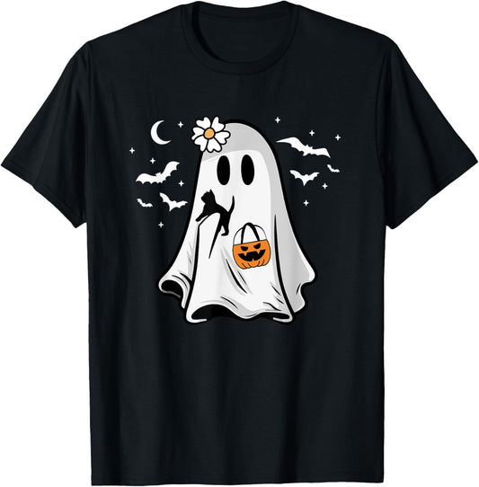 Halloween Fall Spooky Season Cat Lover Cute Women Ghost Cat T-Shirt