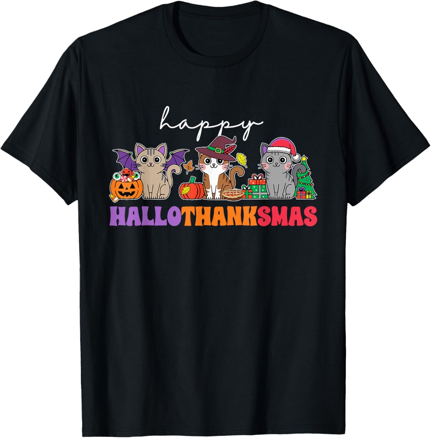 HalloThanksMas Cats T-Shirt: Unisex-Adults, Unisex-Kids, Black, Small, Short Sleeve, T-Shirt, Halloween, Thanksgiving, Christmas, Fall, Winter, Autumn