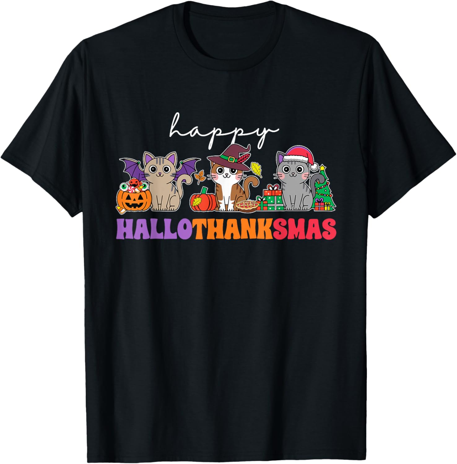 HalloThanksMas Cats T-Shirt: Unisex-Adults, Unisex-Kids, Black, Small, Short Sleeve, T-Shirt, Halloween, Thanksgiving, Christmas, Fall, Winter, Autumn