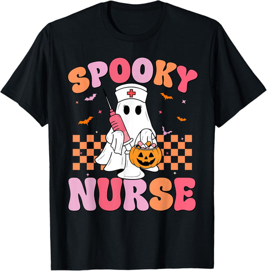 Groovy Spooky Nurse Funny Ghost Halloween Nursing Women T-Shirt